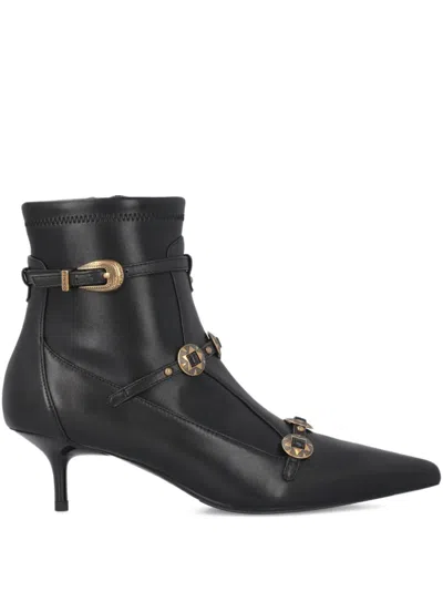 Pinko Gloria Ankle Boots In Mixed Leather With Decorative Straps In Black