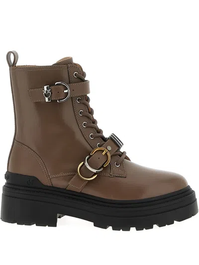 Pinko Buckle-strap Lace-up Boots In Brown