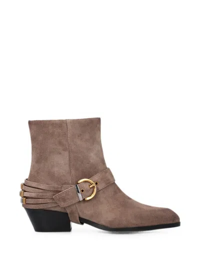 Pinko Suede Ankle Boots Pointed Toe Straps Buckle In Brown