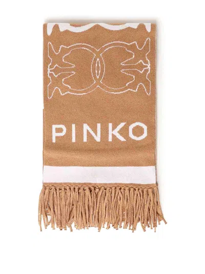 Pinko Scarf With Jacquard Love Birds Logo In Brown