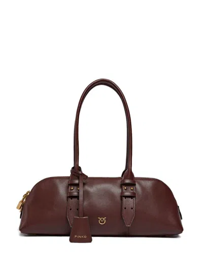 Pinko Burgundy Leather Handbag With Gold Buckles In Red