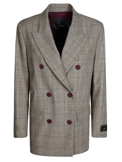 Pinko Burgundy New Guinea Wool-blend Checkered Double-breasted Blazer In Gray