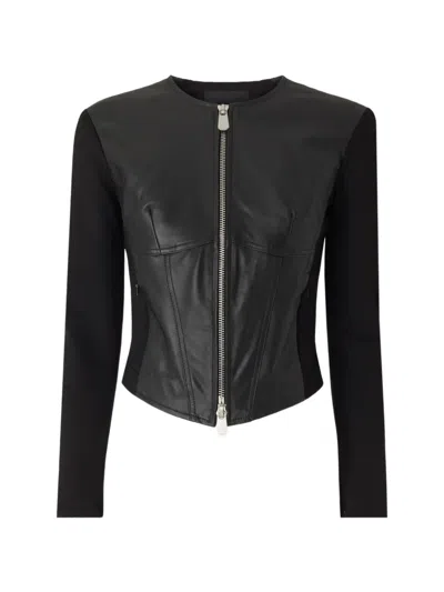 Pinko Bustier Zip-up Leather Jacket In Black