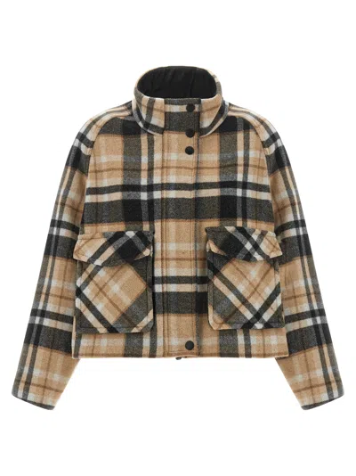 Pinko Single-breasted Tartan Wool Bomber Jacket With Funnel Neck In Multi