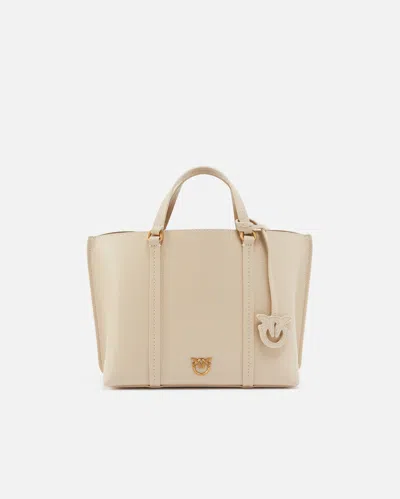Pinko Classic Tumbled Leather Shopper Bag In Beige-smoke Grey-antique Gold
