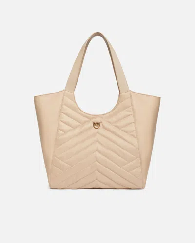 Pinko Shopper Bag In Puzzle-quilted Recycled Fabric In Beige-smoke Grey-antique Gold