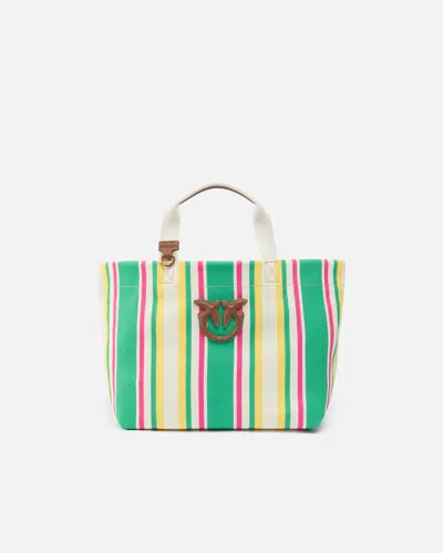 Pinko Medium Shopper Bag In Striped Canvas In Multi