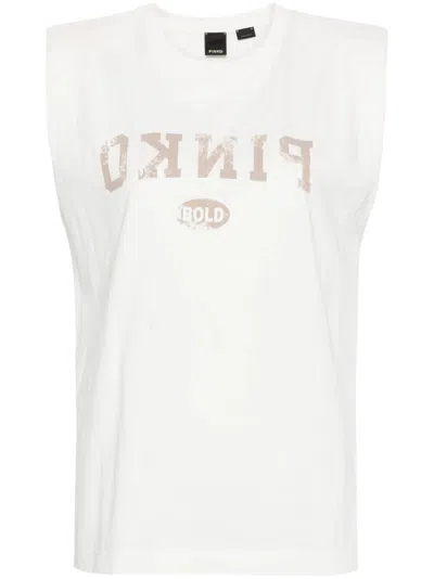 Pinko Sleeveless Top With Logo Print In Blanc Immaculé