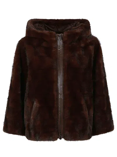 Pinko Cadetia Polyester Faux Fur Hooded Cape In Brown