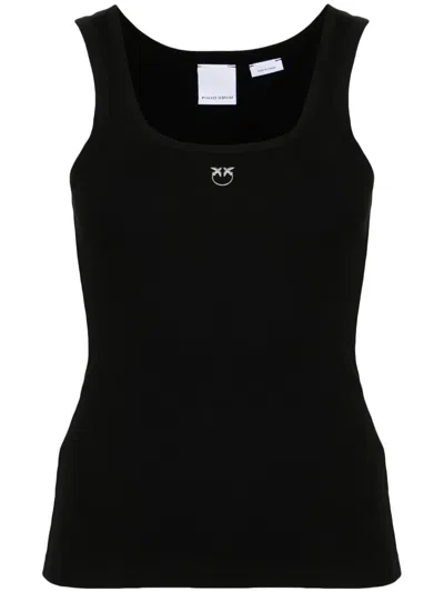 Pinko Black Ribbed Tank Top With Front Logo Embroidery In Stretch Cotton Woman