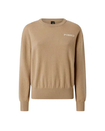 PINKO CAMEL SWEATER WITH MAXI LOVE BIRDS LOGO