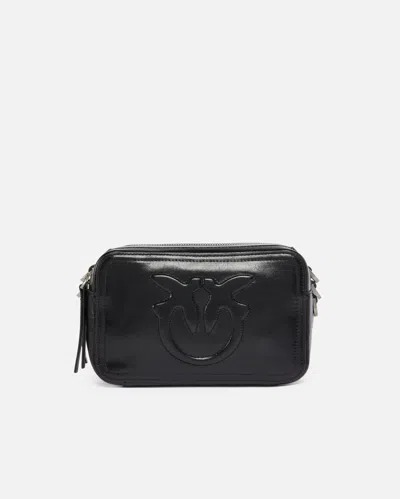 Pinko Camera Bag With Raised Logo In Limo Black-brushed Silver