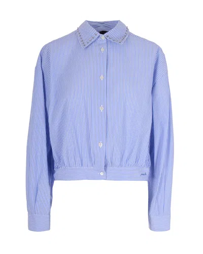 Pinko Charita Light Blue Shirt With Embellished Classic Collar And All-over Striped Motif In Cotton Woman