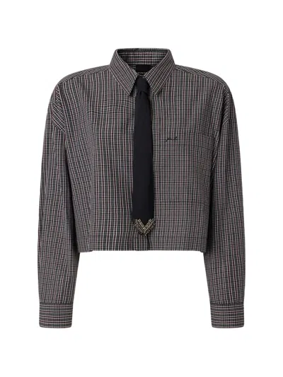 Pinko Cropped Checkered Shirt With Classic Collar And Decorative Tie In Gray