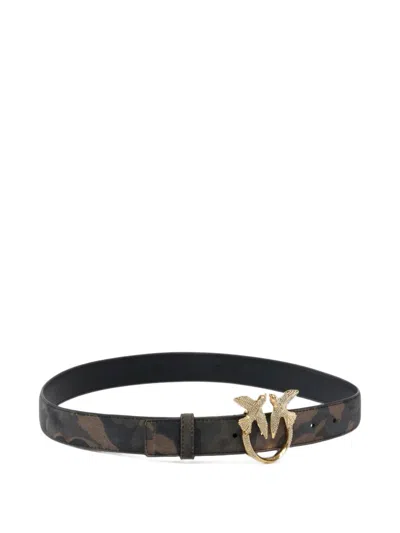 Pinko Camouflage Belt With Love Birds Jewel Buckle In Black