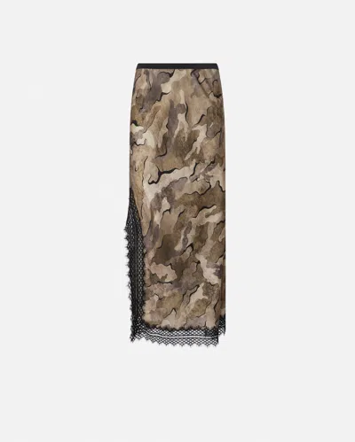 Pinko Camouflage Midi Skirt With Lace And Slit In Multi