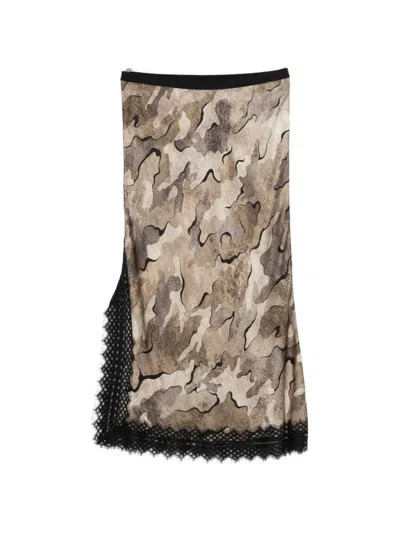 Pinko Camouflage-print Lace-trim Midi Skirt In Brown