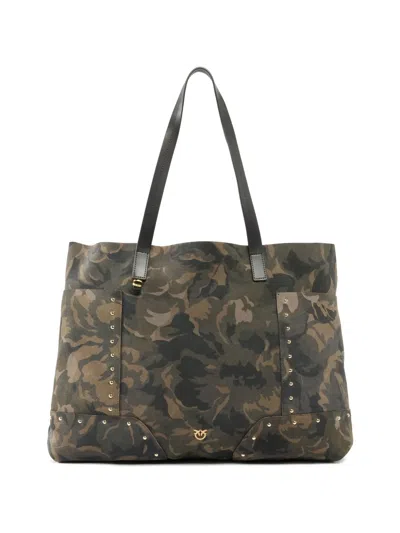 Pinko Camouflage-print Studded Leather Tote Bag In Gray