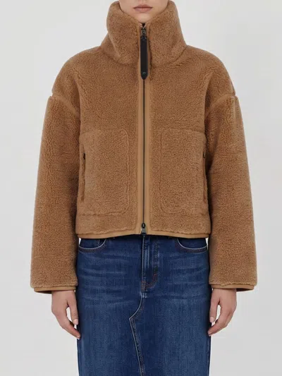 Pinko Campsis Faux Fur Jacket With Contrast Trims And Zip Closure In Brown