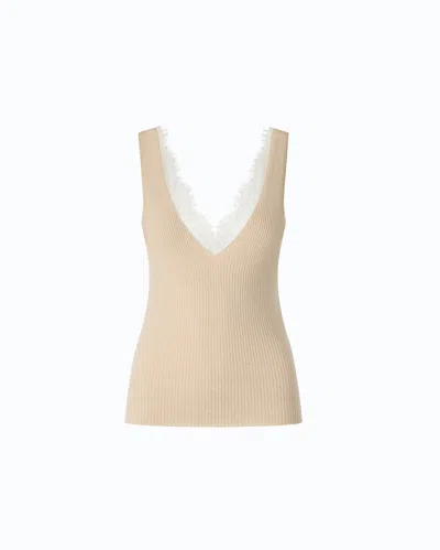 Pinko - Canotta In Misto Seta E Cashmere Con Scollo In Pizzo - Xs In Sand
