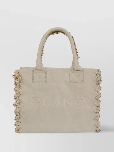 Pinko Canvas Fringed Top Handle Shoulder Bag In Neutral