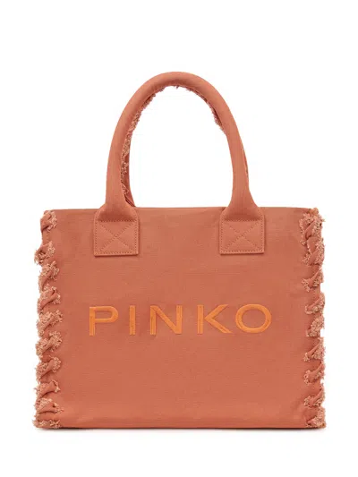 Pinko Canvas Tote Bag With Logo - Mini Size In Beige-scoiattolo