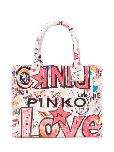 Pinko Canvas Tote Bag With Unique Stamped Design In Bianco/multicolor-antique