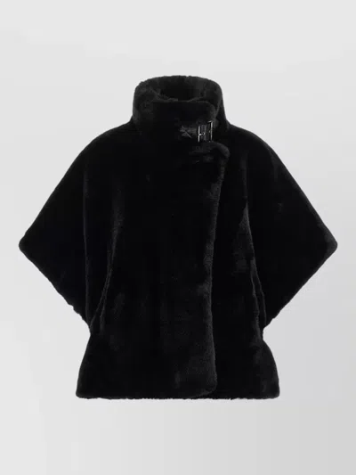 Pinko Cape Coat Buckle Detail Faux Fur In Black