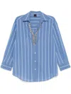 Pinko Blue And White Striped Shirt With Embellished Neckline In Blue