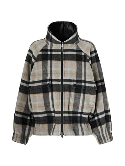 Pinko Cappotto Corto Borragine In Tartan Marrone E Beige Con Coulisse In Vita