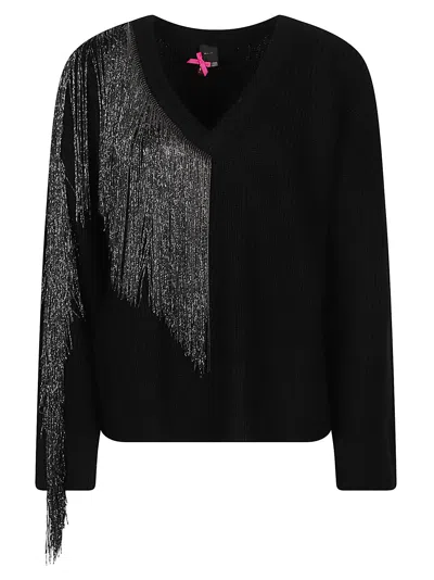 Pinko Captiva Cropped Black Asymmetrical Silver Fringe V-neck Sweater