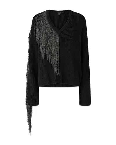 Pinko Captiva English Rib Knit Metallic Fringe Sweater In Black