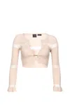 Pinko Ribbed Mini Cardigan With Transparent Stripe In Beige