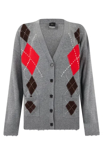 Pinko Cardigan In Wool And Cashmere With Diamond Pattern In Gray