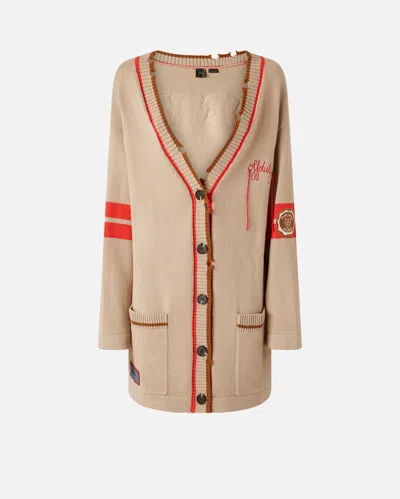 Pinko Varsity-style Cardigan With Embroidery And Patch In Multicolour: Beige/red
