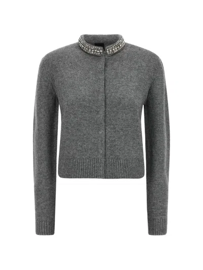 Pinko Wool-blend Slim-fit Jewel-embellished Cardigan In Gray