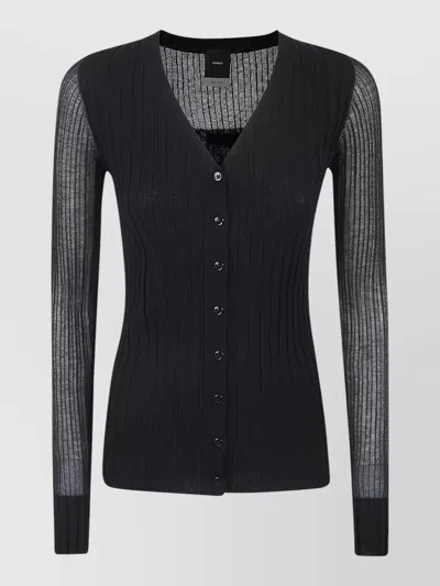 Pinko Ribbed Black Cardigan In Wool-silk-cashmere Blend