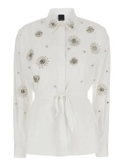 Pinko Long Sleeve Collared Shirt Silk Nylon Embellished In Neutral