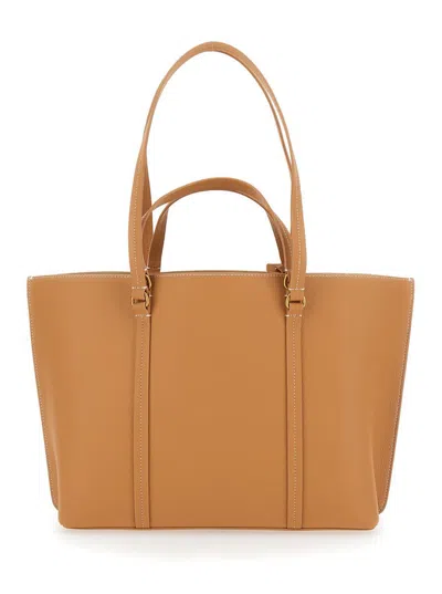 Pinko 'carrie' Brown Shopper With Double Set Of Handles And Logo Pendant