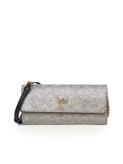 Pinko Full-strap Leather Wallet With Rhinestones In Gray
