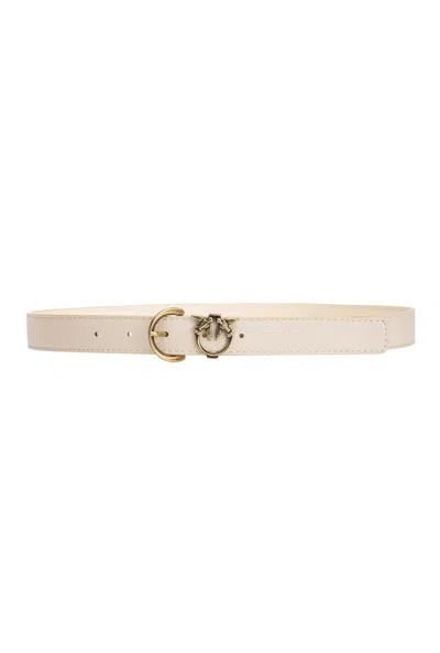 Pinko Tumbled Leather Belt With Love Birds Detail In White+white-antique Gold