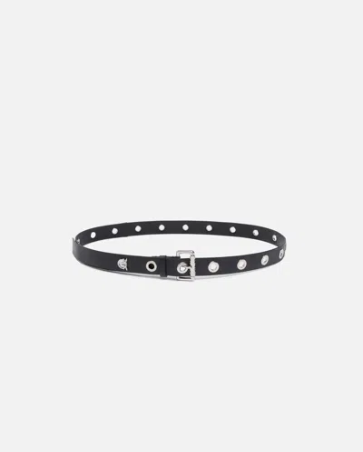 Pinko Monogram-print Belt With Eyelets In Limo Black-shiny Nickel