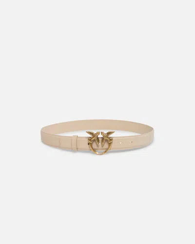 Pinko Ceinture Love Birds En Cuir 3cm In Beige-smoke Grey-antique Gold