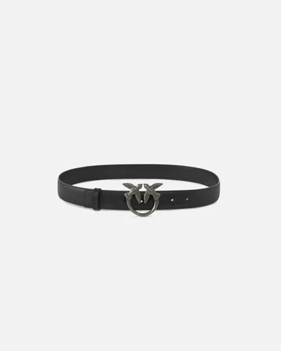 Pinko Love Birds Leather Belt 3cm In Noir-vieil Argent