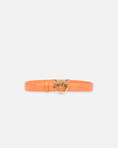 Pinko Love Birds Leather Belt 3cm In Orange Brandy-or Antique