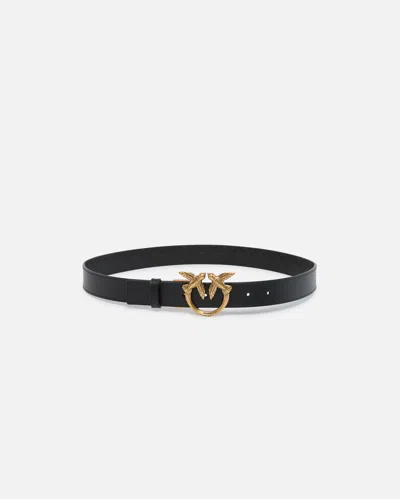 Pinko Double-face Belt With Love Birds Buckle In Black-antique Gold