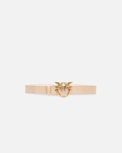 Pinko Double-face Belt With Love Birds Buckle In Sable/blanc-or Antique