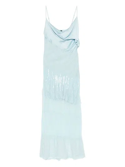 Pinko Celeste Draped Maxi Dress With Lace And Sequin Accents In Blue