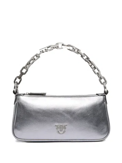 Pinko Chain-link Metallic Leather Shoulder Bag In Silver
