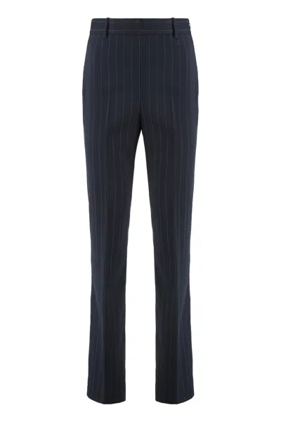 Pinko Chalk-striped Wool-blend Straight-leg Trousers In Blue